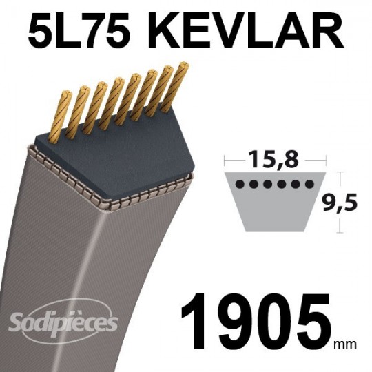 Courroie 5L75 Kevlar Trapézoïdale. 15,8 mm x 1905 mm.